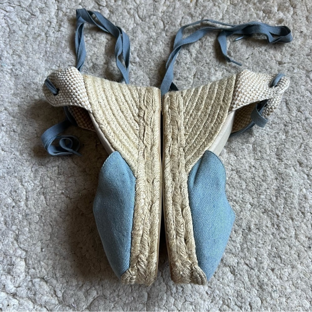 Saludos Light Denim Wrap Ankle Strap Platform Wedge Espadrille Size 8 - Picture 4 of 13